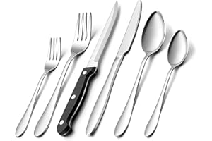Herogo Set di posate per 12 persone, 60 pezzi, in acciaio inox con 12 coltelli da bistecca, elegante forchetta, cucchiaio per la casa/ristorante, posate da pranzo lucidate, lavabili in lavastoviglie
