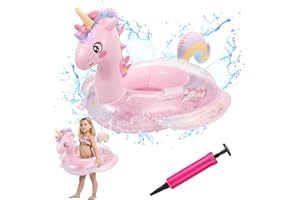Vspek Baby Swimming Ring, Cartoon Inflatable Baby Swimming Float PVC Safety Aid Float Seat Circle Swim Float Boat with Inflator and Handle for Age 6 Months to 3 Years Toddler Floating Training
