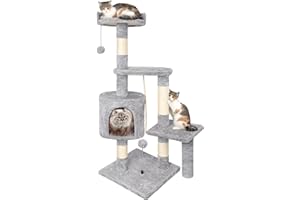 HOMIDEC Cat Tree, 112cm Cat Scratching Post for Indoor Cats, Multi-Level Stable Cats Tower with Sisal Scratching Posts, Plush Toy Balls, Cave, Sisal Rope for Kitten Climbing, Playing, Relaxing, Grey