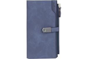 HNOOM Portefeuille Femme en Cuir PU Longue Porte Monnaie Femme Grande Capacite Porte Feuilles pour Femme avec 24 Emplacements Cartes et Zippé Pochette à Monnaie (Bleu Foncé-L)