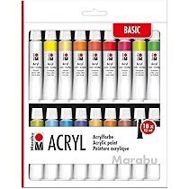 Marabu 1201000000080 - Set di colori acrilici, 6 x 80 ml, colore giallo medio, rosso carminio, blu medio, verde succo, bianco e nero, colori acrilici a base d'acqua, ad asciugatura rapida e