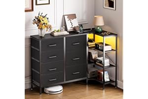 Coleshome Komoda z szufladami, komoda narożna z 7 szufladami materiałowymi – 2 gniazda USB i 2 gniazda AC oraz diody LED, z 3-warstwowym stolikiem, nadaje się do narożników sypialni i salonu, czarna