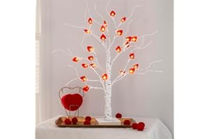 ‎DELICHTER DELICHTER Valentinstag deko 60cm Birke Baum, Rose Herz Valentinstag LED Bäumchen, Innenbeleuchtung Haus Tisch Lichterbaum Frau