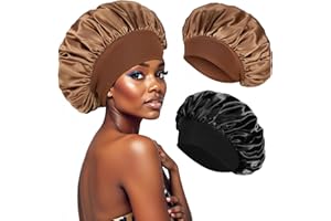 PAEFIU Gorro de seda para dormir, gorro de seda elástico de satén, gorro de pelo para la noche, gorro de dormir suave para mujer, Black Champagne, Durchmesser: ca. 31 cm