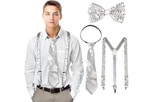 OUMAIFENG 3 Stück Silvester Kostüm Accessories, Glitzer Fliege Hosenträger Krawatte Disco Kostüm Fasching Accessories Mit Pailletten Herren Outfit Für Karneval Mottoparty Jga Herren Damen Kostüm Zubehör