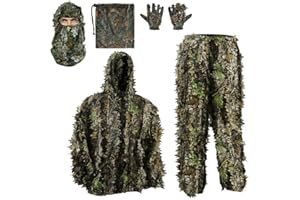PELLOR Mono de Camuflaje Ghillie 3D, Traje de Camuflaje Jungle Ghillie Traje de Camuflaje Boscoso Ropa con Gorras y Camuflaje Guantes para Caza Camping Oculto