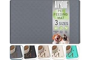 AVYDIIF Silicone Dog Cat Food Mat, Waterproof Slip Resistant Raised Edge Pet Feeding Mats, Pet Bowl Mat with High Lip, Anti-Messy and Prevent Spill on Floor, Dishwasher Safe (M: 48×30cm, Grey)