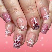 TELAIN Weihnachtliche Press-on-Nägel Kurz & Quadratisch – Rosa Mit Schneeflocken, Inkl. Zubehör