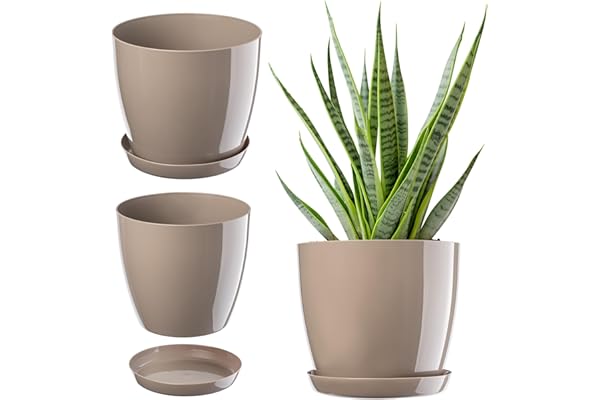 KADAX Élégant pot à fleurs/plantes avec soucoupe Forme ronde et élégante En plastique léger Pour l’intérieur et la maison Cache-pot pour fleurs, plantes Ø 20 cm beige