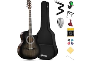 Donner Chitarra Acustica 4/4 per Adulto Principiante Chitarra Acustica Cutaway Kit con Pickup Mini Jumbo 40 Pollici con Borsa Cinghia Corde Capo Plettri Nero