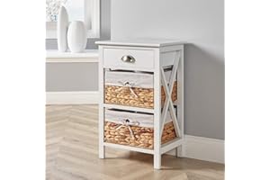 Home Source Wooden Chest of Bedside Storage Unit with Water Hyacinth Basket Organiser, White, 2 Drawer