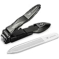 VANWIN Nail Clippers with Catcher, No Splash Fingernail Toenail Clippers with Sharp Curved Blade and Glass Nail File, Wide Jaw Opening Stainless Steel Nail Cutter Trimmer for Seniors Adult Men Women