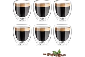 PRZRAO Set da 6 Bicchieri Doppio Vetro, 250ml Bicchiere Vetro Caffe, Vetro Borosilicato Bicchieri da caffè a Doppia Parete per Latte, caffè, Avena, Yogurt