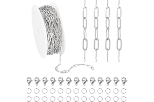 FASHEWELRY Catena a maglie ovali piatte in acciaio inox, 10 m, con moschettoni, anelli di apertura, estensioni, catena per collane, bracciali, gioielli fai da te