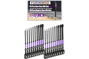 YURINWOO 20Pcs Hex Head Allen Wrench Drill Bit Set (Metric & SAE), 100mm Long S2 Steel Bits Set, CNC Machined Tips with Magnetism, 1/4” Hex-Shank Inner Hexagon Screwdriver Bit with Storage Box