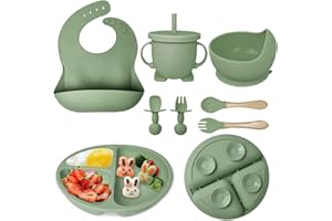 Hoidokly Baby Teller Kindergeschirr Sets, 8 Stücke Silikon Baby Geschirrset Mit Saugnapf Rutschfest Babyteller Schüssel mit Lätzchen Löffel Gabel Abwaschbar BPA Freie Babygeschirr für Baby(Dunkelgrün)