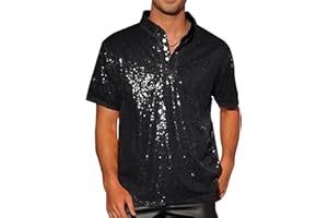 Acrawnni Men Sparkle Sequins Shirt Vintage Summer 1/4 Sparkle Button Short Sleeve Disco Tops 70s Party Club Novelty Shiny Shirt Rave Tops