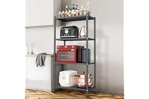 Ambitelligence Kitchen Bakers Rack, Heavy Duty Bakers Rack 4-Tier Free Standing Kitchen Storage Shelf Rack Hight Adjustable with Wheels & Feet, Industrial Metal Microwave Oven Stand (Black)