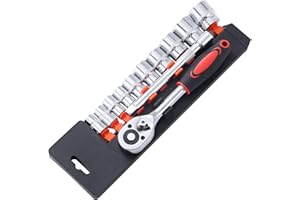 KATSU TOOLS KATSU Set di Chiavi a Bussola 3/8" 12 Pezzi, Unità Metrica da 10-24mm con Chiave a Cricchetto a Sgancio Rapido a 24 Denti e Barra di Prolunga da 6", Strumento di Riparazione Automatica 420341