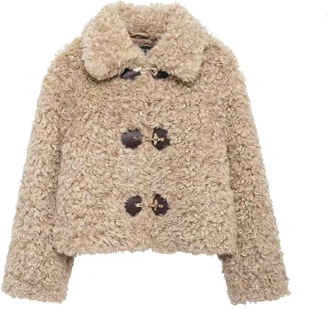 Women's Fall Fleece Jacket Collared Toggle Closure Long Sleeve Oversized Short Coat Fluffy Outerwear