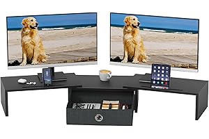 OYRREU Monitor ErhöHung Schreibtisch, Monitorständer mit Schublade BildschirmerhöHung 2 Monitore Monitor Ständer Holz, Monitor Riser TV PC Monitor Stand(Schwarz, 99 x 23,6 x 15,5 cm)