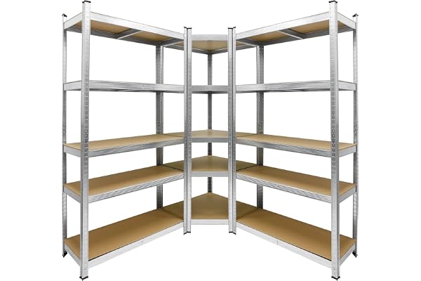 ECD Germany hyllsystem set om 3, 2 förvaringshyllor 180x90x40 cm med hörnhylla 180x70x40 cm, galvaniserade metallhyllor 15 hyllor av MDF, lastkapacitet upp till 750 kg/hylla, kraftiga hyllor