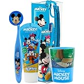 Mr.White Mickey Mouse Kids Travel Bag Set - Includes Manual Toothbrush with Suction Cup, Travel Lid, Soft Mint Flavored Tooth