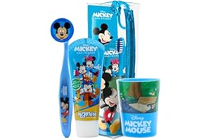 MR WHITE Mr.White Mickey Mouse - Juego de bolsas para niños, ideal para viajes, incluye cepillo de dientes manual con ventosa, tapa de viaje, pasta de dientes con sabor a menta suave para niños, 75 ml, y 1