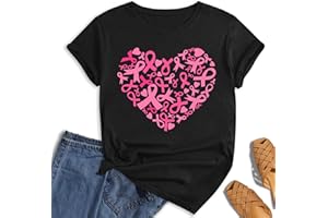 hohololo Tee-Shirt Octobre Rose pour Femme Cancer du Sein Cœur Rose Ruban Tshirt