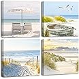 CHDITB 4pcs（40*40CM）Seaside Canvas Wall Art for Living Room,Ocean Canvas Picture,Beach Landscape Art Painting for Wall Decor,Blue Seascape Theme Art Print for Bathroom Home Office Kitchen Decoration