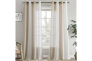 EMEMA Tende a righe trasparenti con occhielli Tende in voile Soggiorno moderno Set di 2 tende Camera da letto Trasparente con motivo Tenda a righe semitrasparente 140 x 270cm Bianco Beige