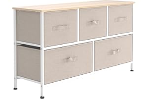 DlandHome Meuble de Rangement Étagère en Métal avec Tiroirs/Boîtes de Rangement en Tissu Amovibles Commode pour Chambre, 5 Tiroir- Beige