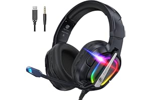 Fachixy FC200 Cascos Gaming para PS5, PS4, PC, Xbox One, Switch, Auriculares Gaming Cancelación de Ruido, Cascos con Microfono Estéreo Sonido, Cascos para PS5 con 3.5mm Jack con Luz RGB (PIEDRA Negra)
