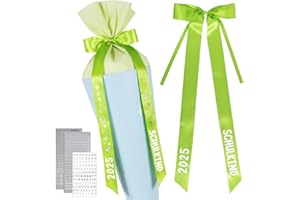 BOFUNX Schultütenschleife Grün Zuckertütenschleife + Buchstaben Zahlen Schmetterling Aufkleber, Schultüte Zuckertüte Schleife für Schulkind, Schulanfang Einschulung Deko