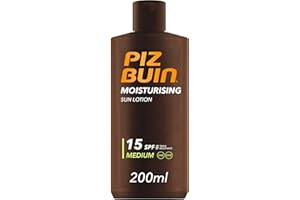 PIZ BUIN Moisturising Latte Solare SPF 15, Crema solare 15 idratante, Protezione solare 15 con filtro solare UVA/UVB e Glicerina, Latte solare SPF15 resistente all'acqua e al sudore, 200 ml