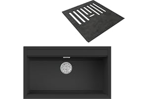 EVHOC Lavello Sopratop 1 Vasca DESIDERATA L con Tagliere COMPLEMENT 340, Lavandino in Kuarzite Vasca Unica, Fascia Miscelatore Preforata, Made in Italy, Nero, 86x51 cm