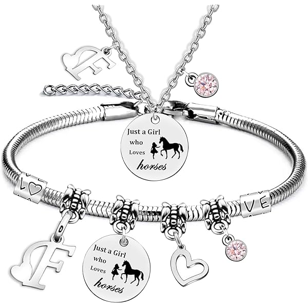TINGN Horse Gifts For Girls Women Bracelet Stainless Steel Horse Bracelet Engraved Initial Charm Bracelet Dainty Horse Gifts For Girls Girls Teens Horse Lovers