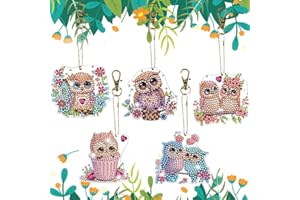 SPEPROECO 5Pcs 5D Diamond Painting Keychain,Owl Full Drill Diamond Art Kits Key Ring, Double Sided Animals Diamond Painting Keyring Pendants Making Kits for Women Girls Key Decor