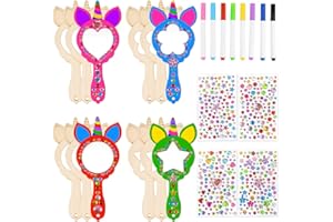 SPRINLOT Licorne Miroir à Main Princesse En Bois De Bricolage, 24 Pcs Enfant à Peindre à Décorer, Kits D'Artisanat, Activité Manuelle Anniversaire Fille
