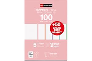 Miquelrius - Bloc de recambio de hojas A4 cuadriculadas 5x5 mm, 150 hojas de 90 g/m² en 5 colores intensos, Con perforaciones estándar para carpeta de anillas, Material escolar