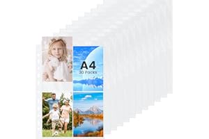 JAOMON 30 Stück 120 Taschen Fotohüllen DIN A4,Transparent Postkartenhüllen 4 Fach Geteilt Fotosichthüllen Klarsichtfolien Postkartenhüllen für Familien Hochzeits Fotoalbum A4 2/3/4 Ringbuch