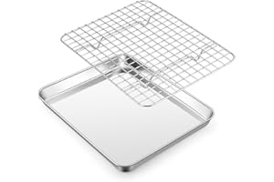 Homikit Backblech mit Auskühlgitter Set, Edelstahl Klein Rechteckig Backform Ofenblech und Abkühlgitter zum Backen Braten Servieren, 26,5x20,5x2,5cm, Gesund & Spülmaschinenfest