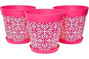‎HUM FLOWERPOTS Hum Flowerpots, Satz aus 3 Kunststoff-Blumentöpfen für drinnen und draußen, 25cm Durchmesser, und 3 Untersetzer 19cm Durchmesser Pink Marokkanisch