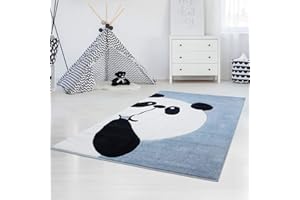 carpet city Tappeto per bambini a pelo piatto Bueno Panda, colore blu, con taglio sagomato per cameretta dei bambini, dimensioni: 140 x 200 cm
