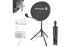 LOGISAT Digitale Camping Sat Anlage Spiegel 60 cm Single LNB 0,1 dB + 10m Kabel + Dreibein Stativ Kabel Balkon Caravan Mobil Schüssel Antenne HD UHD 4K geeignet d