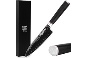 YOUSUNLONG Couteau Santoku 7 pouces (180mm) Couteau de cuisine Couteau de chef - Lame enduite de nitrure de titane noir AUS8 japonais - Manche en ébène naturel