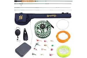 Sougayilang Ensemble canne à pêche à la mouche et moulinet, 4 sections légères et portables en graphite et moulinet en aluminium usiné CNC, kit complet de démarrage avec sac de canne à pêche