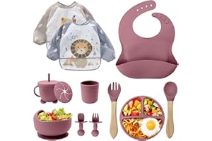 CUBTEM Talerz dla niemowląt, zestaw 12 zestawów posiłków dla niemowląt, miska i łyżka dla niemowląt, silikonowy śliniaczek dla niemowląt, talerz z przyssawką dla niemowląt, zestaw sztućców dla dzieci do odst