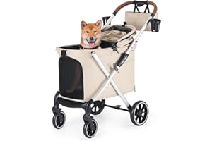 Beberoad X6 Luxury Pet Stroller Dog Pram for Medium Dogs with Organizer, 4 Wheel Foldable Dog Stroller Pet Pram Dog Pushchair with Pad and Two Cup Holder, One-Second Fold Design, Beige