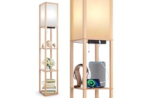 OUTON Lámpara de Pie, Puerto de Carga y Control Remoto, Madera Estante, LED Regulable de 4 Temperaturas de Color, Incluye Bombilla, para Salón, Dormitorio y Oficina, Decoración Vintage